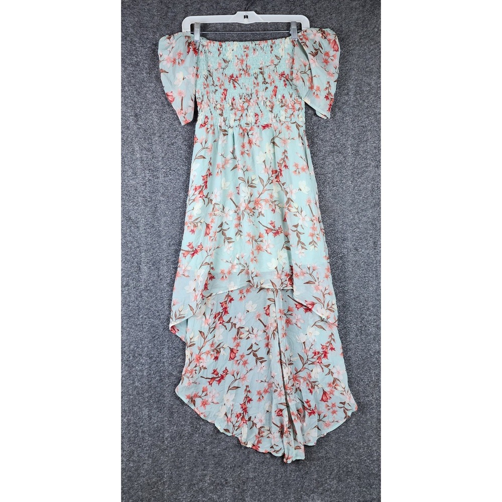 As U Wish Dress Womens S High Low Sage Green Floral Smocked Off Shoulder Boho